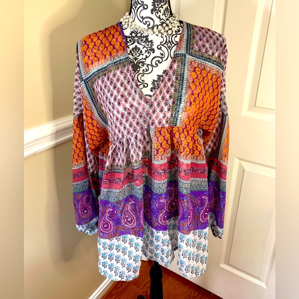 Truth Womens Floral, Boho Blouse- V Neck Long Sleeve Top, Lightweight- size Lg.